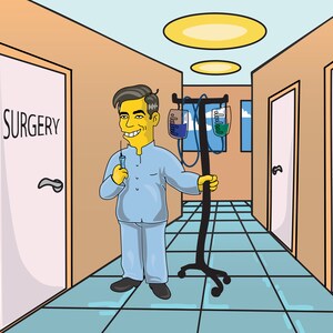 May include: A cartoon doctor in a blue uniform stands in a hospital hallway with a syringe in one hand and an IV pole in the other. The hallway has two doors labeled "SURGERY".