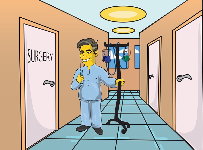 May include: A cartoon doctor in a blue uniform stands in a hospital hallway with a syringe in one hand and an IV pole in the other. The hallway has two doors labeled "SURGERY".