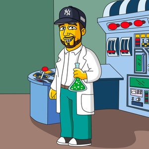 May include: A cartoon illustration of a person wearing a white lab coat, a blue and white baseball cap, and green pants. The person is holding a flask with green liquid. The person is standing in front of a large, blue and white machine with various buttons and dials.
