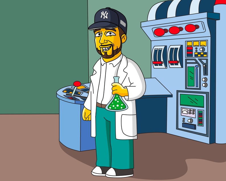 May include: A cartoon illustration of a person wearing a white lab coat, a blue and white baseball cap, and green pants. The person is holding a flask with green liquid. The person is standing in front of a large, blue and white machine with various buttons and dials.