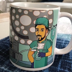 Anesthesiologist coffee mug with custom portrait as yellow cartoon character, anesthesiology gift, medical, doctor, surgeon, physician cup