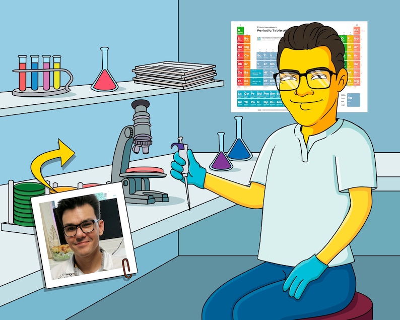 May include: A cartoon illustration of a scientist in a lab setting. The scientist is wearing a white lab coat, blue gloves, and glasses. The scientist is holding a pipette and a petri dish. There is a microscope, beakers, and a periodic table in the background.