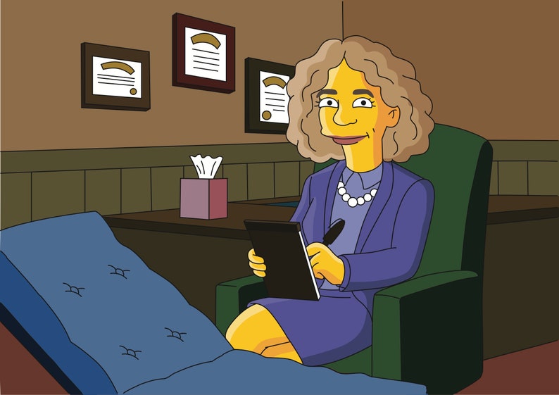 May include: A woman with yellow skin and brown hair sits in a green chair in an office setting. She is wearing a purple blazer and a pearl necklace. She is holding a black notepad and a pen in her hands. There are diplomas on the wall behind her.
