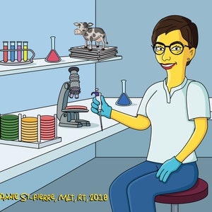 May include: A yellow-skinned person wearing glasses and a white lab coat sits at a lab bench. They are holding a pipette and wearing blue gloves. There are petri dishes, a microscope, and test tubes on the bench. The text "Annie St-Pierre, MLT, RT, 2018" is written on the bench.