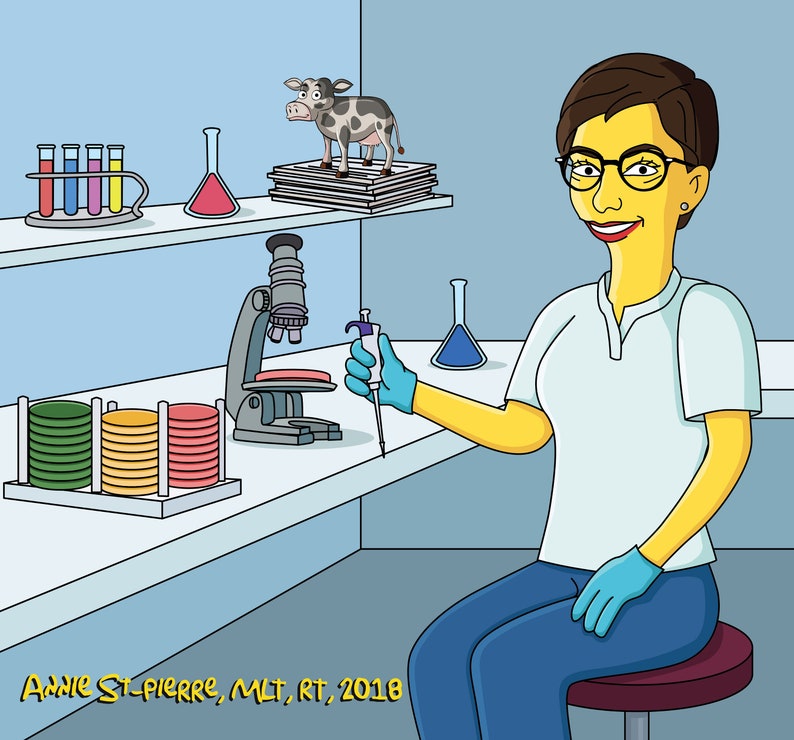 May include: A yellow-skinned person wearing glasses and a white lab coat sits at a lab bench. They are holding a pipette and wearing blue gloves. There are petri dishes, a microscope, and test tubes on the bench. The text "Annie St-Pierre, MLT, RT, 2018" is written on the bench.