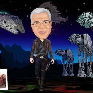 May include: A cartoon illustration of a man dressed as Han Solo from Star Wars, standing in front of a dark blue background with stars. The man is wearing a brown leather jacket, black pants, and a black belt with a blaster holster. There are three AT-AT walkers in the background, and a Millennium Falcon flying in the upper left corner.