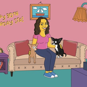 May include: A cartoon illustration of a woman with brown hair sitting on a couch with two dogs. The woman is wearing a pink shirt and blue jeans. The couch is beige with red pillows. The text "Happy 30th Birthday Isa!" is written in yellow on a pink wall.