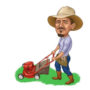 Puede incluir: Una ilustraci&oacute;n de dibujos animados de una persona con un sombrero de paja y pantalones vaqueros azules, empujando una cortadora de c&eacute;sped roja sobre un c&eacute;sped verde.