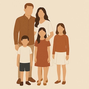 Könnte beinhalten: Minimalistische Illustration einer fünfköpfigen Familie. Die Figuren sind in Brauntönen gehalten, wobei die Eltern hinter drei Kindern stehen. Der Hintergrund ist einfarbig hellbeige.