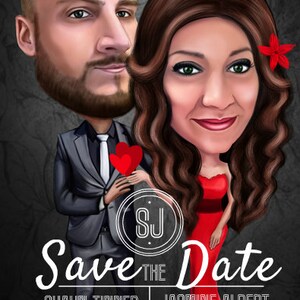 Puede incluir: Ilustraci&oacute;n digital de una pareja con el texto "Save the Date". La mujer lleva un vestido rojo y una flor roja en el pelo. El hombre lleva un traje gris y sostiene dos corazones rojos. Tambi&eacute;n se incluye la fecha y los nombres.