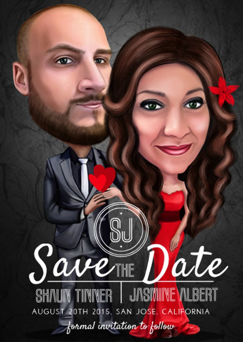 Puede incluir: Ilustraci&oacute;n digital de una pareja con el texto "Save the Date". La mujer lleva un vestido rojo y una flor roja en el pelo. El hombre lleva un traje gris y sostiene dos corazones rojos. Tambi&eacute;n se incluye la fecha y los nombres.