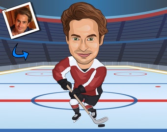 May include: A cartoon illustration of a hockey player wearing a red and white jersey, black gloves, and black skates. The player is holding a hockey stick and is skating on an ice rink.
