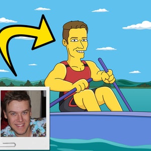 Puede incluir: Una ilustración de dibujos animados de una persona remando en un bote en un lago. La persona lleva un top rojo sin mangas y pantalones cortos amarillos. El bote es azul y el agua es turquesa.