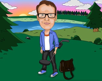 Metal Detecting Gift - Custom Caricature From Photo, metal detector, relic hunter