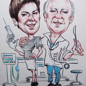 May include: A caricature drawing of a man and woman in a medical setting. The man is wearing a white coat and holding a spoon. The woman is wearing a grey shirt and holding a syringe. The drawing is done in colored pencil.