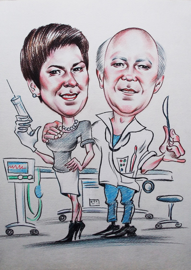 May include: A caricature drawing of a man and woman in a medical setting. The man is wearing a white coat and holding a spoon. The woman is wearing a grey shirt and holding a syringe. The drawing is done in colored pencil.