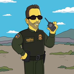 May include: A cartoon illustration of a border patrol agent wearing a green uniform with a badge that says "CBP Border Patrol Federal Agent". The agent is holding a walkie-talkie and has a serious expression on their face.