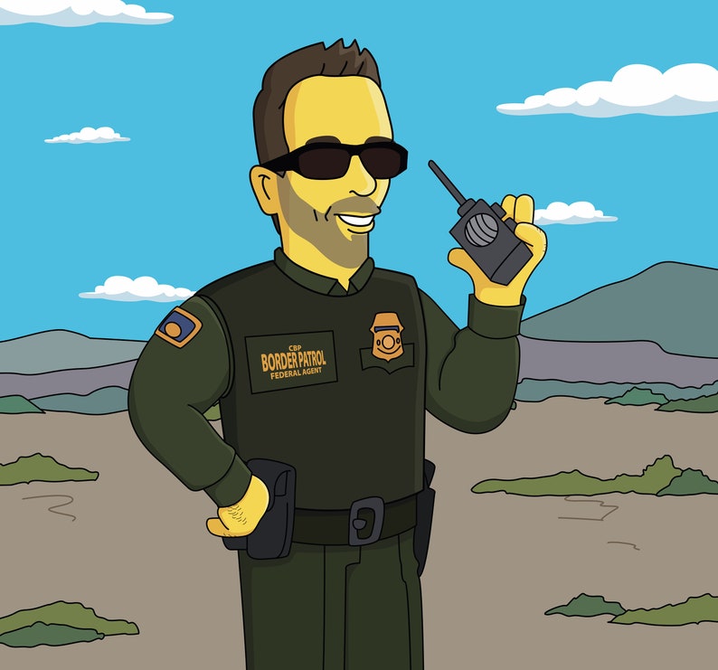 May include: A cartoon illustration of a border patrol agent wearing a green uniform with a badge that says "CBP Border Patrol Federal Agent". The agent is holding a walkie-talkie and has a serious expression on their face.