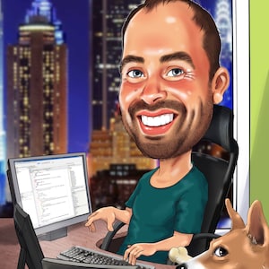 Peut inclure: Une illustration de dessin anim&eacute; d'un homme assis &agrave; un bureau devant un ordinateur, avec un chien assis &agrave; c&ocirc;t&eacute; de lui. L'homme porte une chemise verte et a une barbe. Le chien est brun et blanc et tient un os dans sa gueule. L'arri&egrave;re-plan est une ville illumin&eacute;e la nuit.