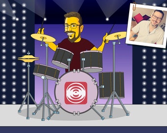 May include: A cartoon illustration of a person playing a drum set. The person has a yellow head, a red shirt, and a beard. The drum set is black and silver with a pink bass drum that has a red logo with a stylized swirl design.