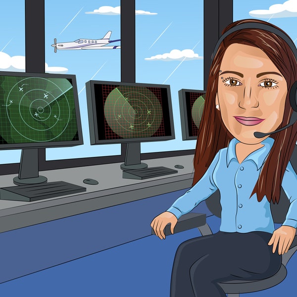 Regalo del controlador de tráfico aéreo: retrato de caricatura personalizado de su foto / regalo ATC
