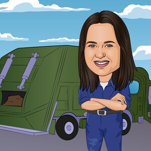 May include: A cartoon illustration of a woman standing in front of a green refuse truck. She is wearing a blue jumpsuit and has her arms crossed. The truck has a large, open back with a pile of brown refuse inside.