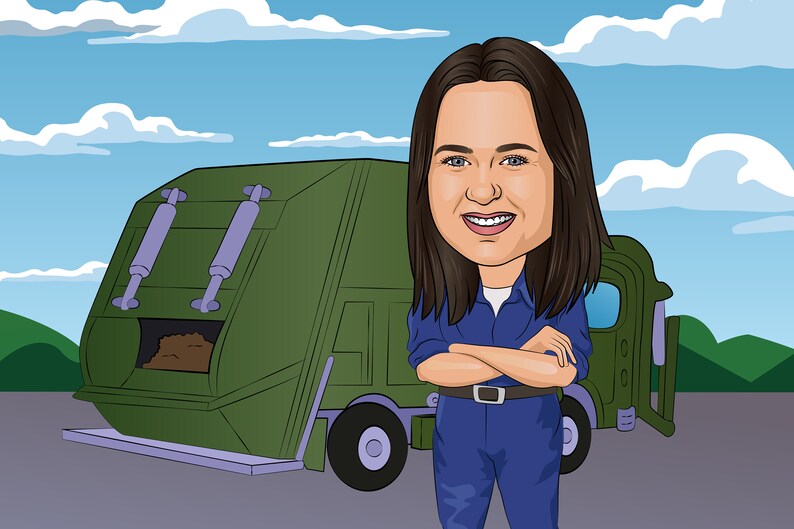 May include: A cartoon illustration of a woman standing in front of a green refuse truck. She is wearing a blue jumpsuit and has her arms crossed. The truck has a large, open back with a pile of brown refuse inside.