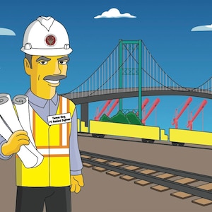 May include: A cartoon illustration of a construction worker wearing a white hard hat with a red logo and a yellow safety vest. He is holding blueprints and standing in front of a bridge under construction.
