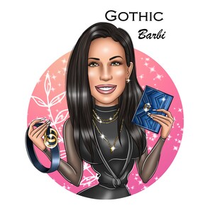 Puede incluir: Una ilustraci&oacute;n de dibujos animados de una mujer con cabello negro largo que lleva un vestido negro, un collar de cadena de oro y un cintur&oacute;n dorado. Ella sostiene un embrague azul y un cintur&oacute;n negro con una hebilla dorada. El fondo es rosa con destellos blancos.
