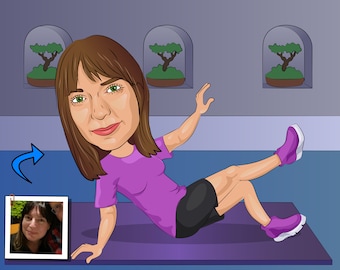Regalo para instructor de Pilates: retrato personalizado en caricatura a partir de tu foto / Arte de Pilates