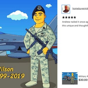 May include: Cartoon illustration of a person in Air Force uniform, holding a rifle, standing in front of a fighter jet. The text reads "Michael Wilson Air Force 1999-2019". Blue sky with clouds in the background.