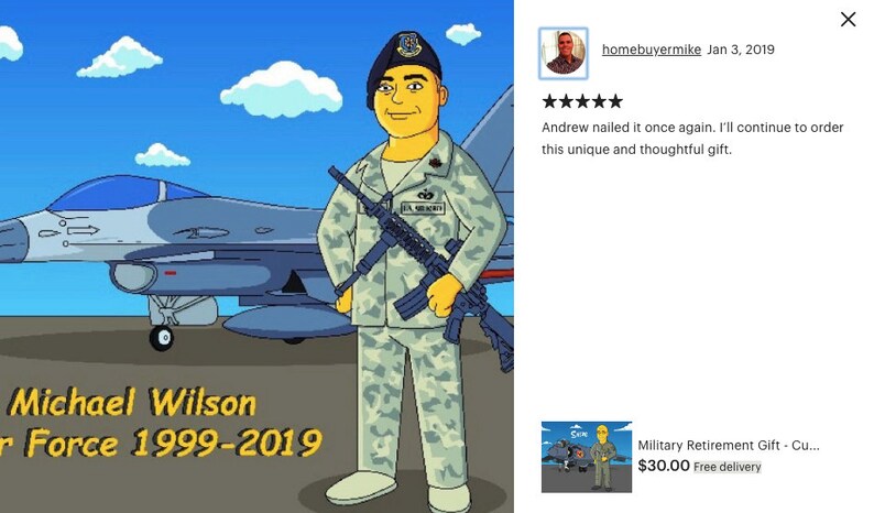 May include: Cartoon illustration of a person in Air Force uniform, holding a rifle, standing in front of a fighter jet. The text reads "Michael Wilson Air Force 1999-2019". Blue sky with clouds in the background.