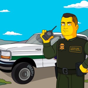 May include: A cartoon illustration of a police officer in a green uniform with a badge that says "Division Chief Scott P. McVey". The officer is holding a walkie-talkie and standing in front of a white truck with a green stripe and the number "H5230" on the side.