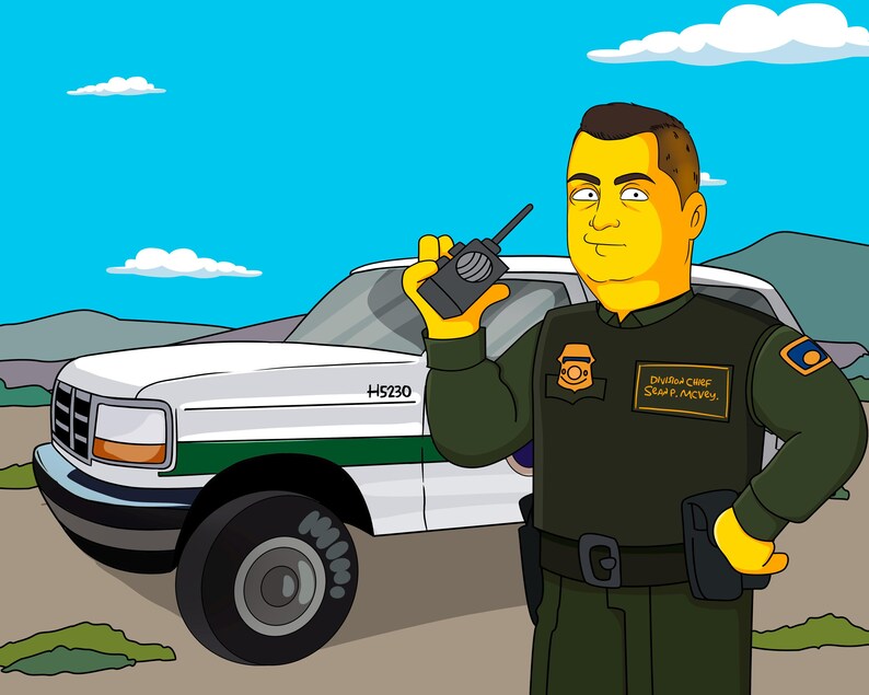 May include: A cartoon illustration of a police officer in a green uniform with a badge that says "Division Chief Scott P. McVey". The officer is holding a walkie-talkie and standing in front of a white truck with a green stripe and the number "H5230" on the side.