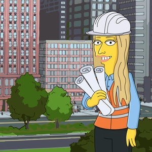 May include: A woman wearing a white hard hat and an orange safety vest holds blueprints in front of a city skyline.