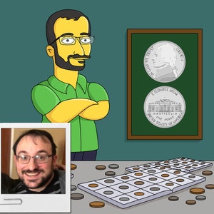May include: A cartoon illustration of a person with a green shirt and yellow skin standing in front of a chalkboard with a nickel on it. The chalkboard also has a picture of a building on it. There are several nickels on a table in front of the person.