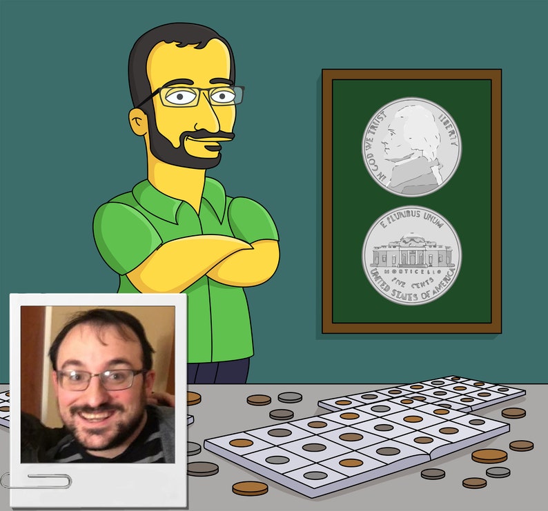 May include: A cartoon illustration of a person with a green shirt and yellow skin standing in front of a chalkboard with a nickel on it. The chalkboard also has a picture of a building on it. There are several nickels on a table in front of the person.