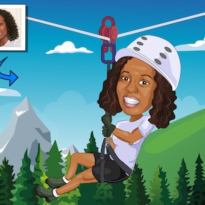 May include: A cartoon illustration of a woman ziplining through a mountain landscape. She is wearing a white helmet, a white shirt, black shorts, and black hiking boots. The zipline is attached to a red pulley and runs through a green mountain range with a blue sky and white clouds in the background.