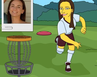 Regalo de jugador de golf de disco: retrato personalizado de la foto como personaje amarillo / frisbee golf / golfista de disco