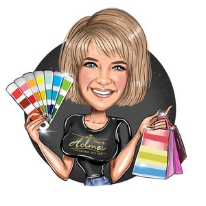 May include: A cartoon illustration of a woman holding a paint chip fan and shopping bags. The woman is wearing a black shirt with the text "Designs by Holmes INTERIOR DESIGN".