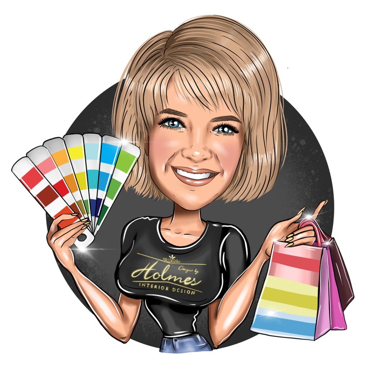 May include: A cartoon illustration of a woman holding a paint chip fan and shopping bags. The woman is wearing a black shirt with the text "Designs by Holmes INTERIOR DESIGN".