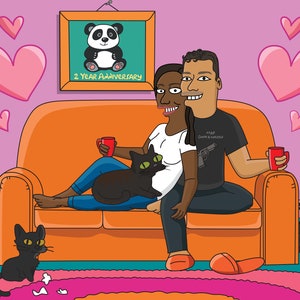 May include: A couple are sat on an orange sofa with two black cats. The woman is wearing a white shirt and blue jeans. The man is wearing a black t-shirt with the text "A.L.I.P. Smith & Wesson" and a gun graphic. The woman is holding a red mug. The man is holding a red mug. The sofa is in front of a pink wall with hearts. There is a framed picture above the sofa with a panda bear and the text "2 Year Anniversary".