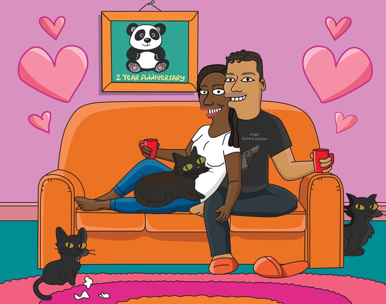 May include: A couple are sat on an orange sofa with two black cats. The woman is wearing a white shirt and blue jeans. The man is wearing a black t-shirt with the text "A.L.I.P. Smith & Wesson" and a gun graphic. The woman is holding a red mug. The man is holding a red mug. The sofa is in front of a pink wall with hearts. There is a framed picture above the sofa with a panda bear and the text "2 Year Anniversary".