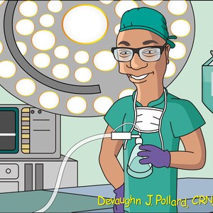 May include: A cartoon illustration of a male nurse wearing a green surgical scrub top and cap, holding a green oxygen mask. The nurse is smiling and has a stethoscope around his neck. The background shows a hospital operating room with a surgical light, a heart monitor, and an IV bag.