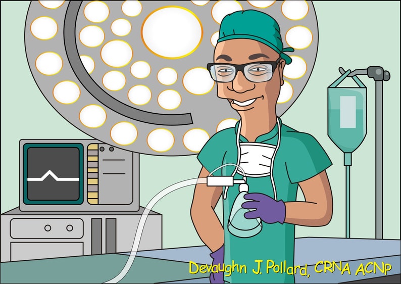 May include: A cartoon illustration of a male nurse wearing a green surgical scrub top and cap, holding a green oxygen mask. The nurse is smiling and has a stethoscope around his neck. The background shows a hospital operating room with a surgical light, a heart monitor, and an IV bag.