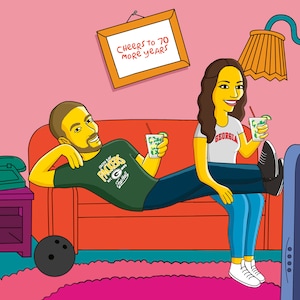 May include: A cartoon illustration of a couple relaxing on a couch. The man is wearing a green t-shirt with the words "Green Bay Packers" on it. The woman is wearing a white t-shirt with the word "Georgia" on it. They are both holding drinks and watching television. The text on the framed picture above the couch reads "Cheers to 70 more years".