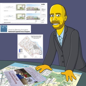 May include: A cartoon illustration of a man in a suit standing at a table with a map of Washington, D.C. spread out. The map is labeled "Washington on Foot". The man is pointing at the map with his right hand. There are other maps and documents on the table.