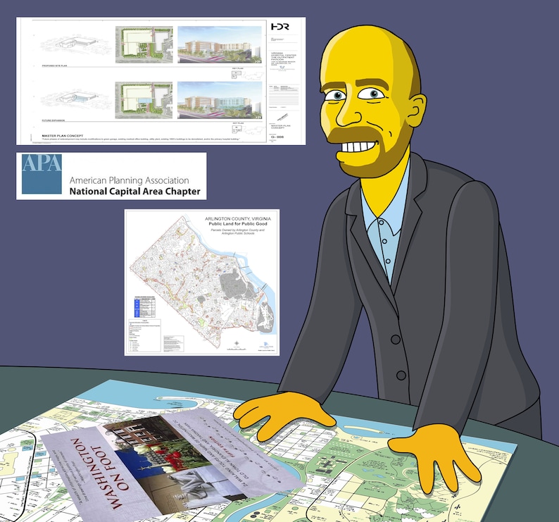 May include: A cartoon illustration of a man in a suit standing at a table with a map of Washington, D.C. spread out. The map is labeled "Washington on Foot". The man is pointing at the map with his right hand. There are other maps and documents on the table.