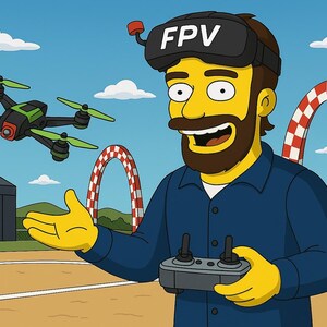 Peut inclure: Illustration de dessin animé d'un homme barbu portant des lunettes FPV et tenant une télécommande. Un drone avec des hélices vertes est en vol. Des arches à carreaux rouges et blancs sont en arrière-plan.