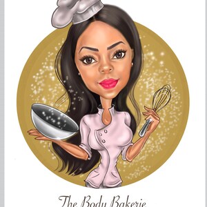 May include: A cartoon illustration of a woman wearing a chef's hat and a pink shirt, holding a mixing bowl and a whisk. The background is a gold circle with white sparkles. The text "The Body Bakerie" is below the image.